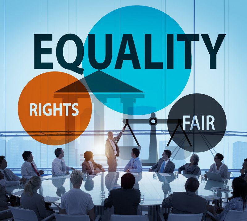 Equality graphic showing a business meeting with words equality, fair and rights